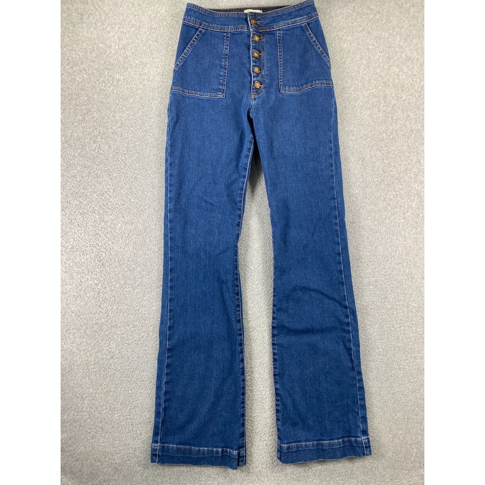 Sezane High Rise Flare Jeans FR 38 US 6 Button Fly Patch Pocket Blue Denim